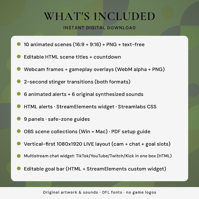 May include: A digital download package featuring 10 animated scenes in 16:9 and 9:16 formats, editable HTML titles, webcam frames, gameplay overlays, stinger transitions, 6 animated alerts with sounds, StreamElements and Streamlabs widgets, 9 panels, OBS collections, a vertical 1080x1920 layout, a multistream chat widget, and an editable goal bar.