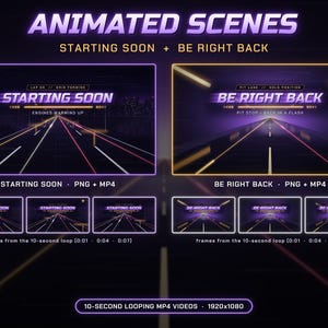 Może przedstawiać: Animowane sceny do streamingu z motywem drogi wyścigowej. Zawiera nakładki Starting Soon i Be Right Back z fioletowymi i ż&oacute;łtymi neonowymi akcentami, tekstem oraz 10-sekundowe zapętlone pliki wideo MP4 w rozdzielczości 1920x1080 dla treści cyfrowych.