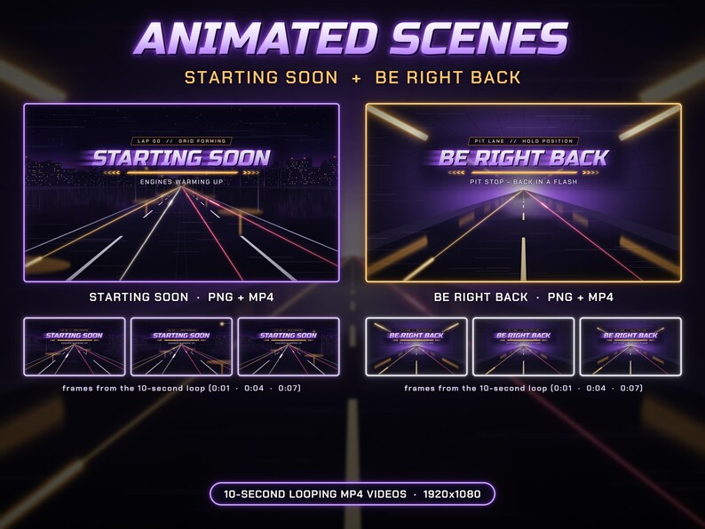 Może przedstawiać: Animowane sceny do streamingu z motywem drogi wyścigowej. Zawiera nakładki Starting Soon i Be Right Back z fioletowymi i ż&oacute;łtymi neonowymi akcentami, tekstem oraz 10-sekundowe zapętlone pliki wideo MP4 w rozdzielczości 1920x1080 dla treści cyfrowych.