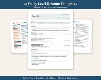 25 Entry Level Resume Templates with Cover Letters, Bundle 3, Word and Google Docs, Clean Minimalist Resume