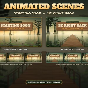 May include: Animated digital stream overlays featuring a swamp landscape with cypress trees and water. The graphics include wooden signs with the text STARTING SOON, GEARING UP FOR THE RUN, BE RIGHT BACK, and OFF THE BOARDWALK FOR A SEC.