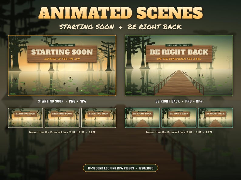 May include: Animated digital stream overlays featuring a swamp landscape with cypress trees and water. The graphics include wooden signs with the text STARTING SOON, GEARING UP FOR THE RUN, BE RIGHT BACK, and OFF THE BOARDWALK FOR A SEC.