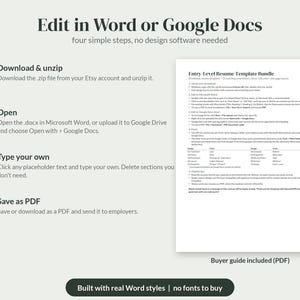 K&ouml;nnte beinhalten: Eine Anleitungsgrafik f&uuml;r ein Lebenslauf-Vorlagenpaket f&uuml;r Einsteiger. Der Text lautet Edit in Word or Google Docs, gefolgt von vier nummerierten Schritten: Download & unzip, Open, Type your own und Save as PDF. Ein PDF-K&auml;uferleitfaden ist abgebildet.