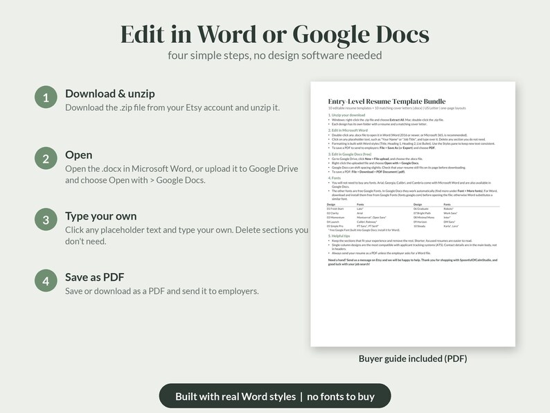 K&ouml;nnte beinhalten: Eine Anleitungsgrafik f&uuml;r ein Lebenslauf-Vorlagenpaket f&uuml;r Einsteiger. Der Text lautet Edit in Word or Google Docs, gefolgt von vier nummerierten Schritten: Download & unzip, Open, Type your own und Save as PDF. Ein PDF-K&auml;uferleitfaden ist abgebildet.