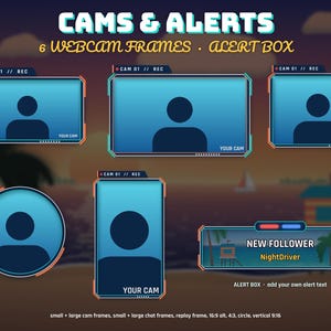 May include: A digital overlay set titled CAMS & ALERTS featuring six webcam frames and an alert box. The frames include various rectangular and circular shapes with blue gradients, orange accents, and text labels like CAM 01 // REC and YOUR CAM.