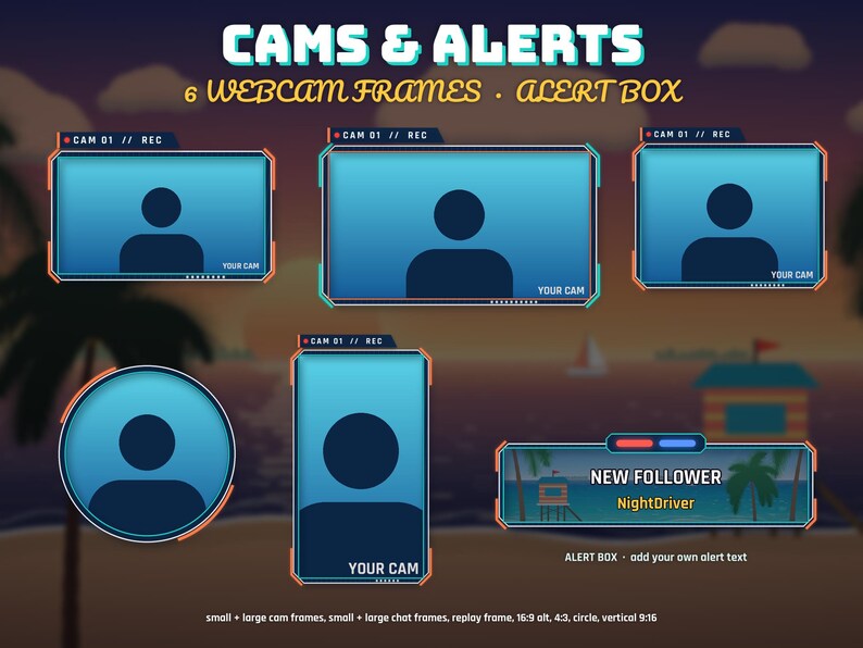 May include: A digital overlay set titled CAMS & ALERTS featuring six webcam frames and an alert box. The frames include various rectangular and circular shapes with blue gradients, orange accents, and text labels like CAM 01 // REC and YOUR CAM.