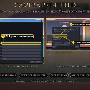 Puede incluir: Un gr&aacute;fico instructivo digital titulado CAMERA PRE-FITTED que muestra dos ventanas de interfaz de software gris oscuro. La ventana izquierda muestra un men&uacute; de selecci&oacute;n de dispositivo. La derecha muestra ajustes de c&aacute;mara con etiquetas amarillas.