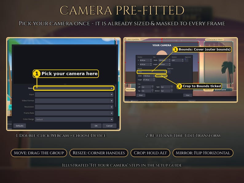 Puede incluir: Un gr&aacute;fico instructivo digital titulado CAMERA PRE-FITTED que muestra dos ventanas de interfaz de software gris oscuro. La ventana izquierda muestra un men&uacute; de selecci&oacute;n de dispositivo. La derecha muestra ajustes de c&aacute;mara con etiquetas amarillas.