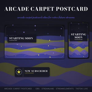 May include: A digital graphic set featuring the text ARCADE CARPET POSTCARD, STARTING SOON, and NEW SUBSCRIBER. The design displays wavy horizontal bands in shades of purple and olive green with scattered yellow and white dots on a dark background.