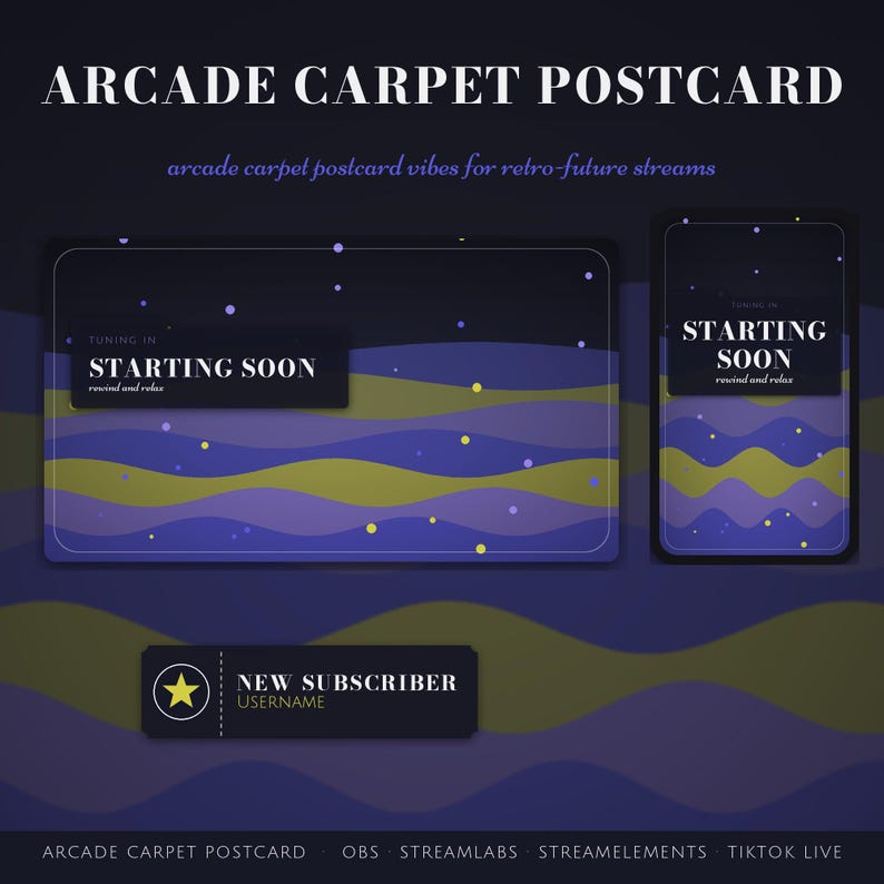 May include: A digital graphic set featuring the text ARCADE CARPET POSTCARD, STARTING SOON, and NEW SUBSCRIBER. The design displays wavy horizontal bands in shades of purple and olive green with scattered yellow and white dots on a dark background.