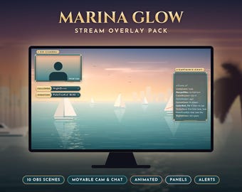 May include: A Marina Glow stream overlay pack displayed on a computer monitor. The interface features a camera frame, follower and donation trackers, and a chat box titled Captain's Chat, all set against a sunset marina background with sailboats.