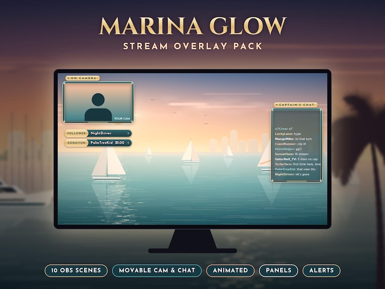 Puede incluir: Paquete de superposiciones de transmisi&oacute;n Marina Glow para monitores con una escena de puerto al atardecer y veleros. Incluye una ventana de c&aacute;mara, rastreadores de seguidores y donaciones, y una ventana de chat llamada Captain's Chat.