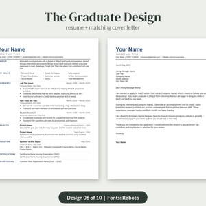 May include: A resume and matching cover letter template titled The Graduate Design. The document includes sections for profile, key skills, experience, projects, education, certifications, and volunteering with placeholder text and contact information.