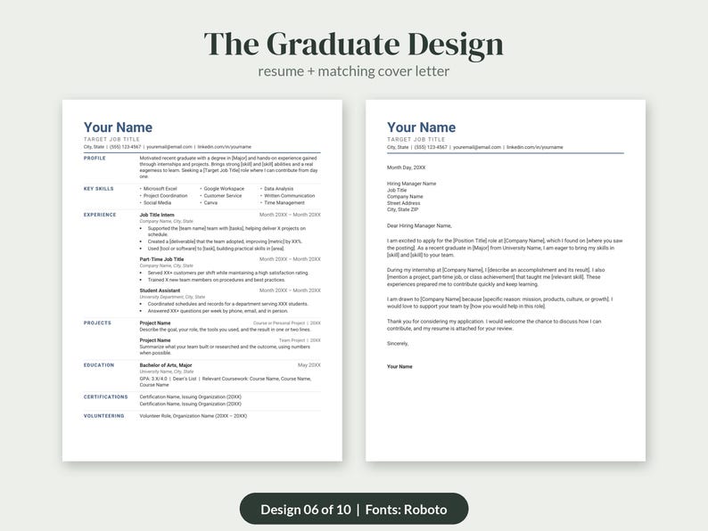 May include: A resume and matching cover letter template titled The Graduate Design. The document includes sections for profile, key skills, experience, projects, education, certifications, and volunteering with placeholder text and contact information.