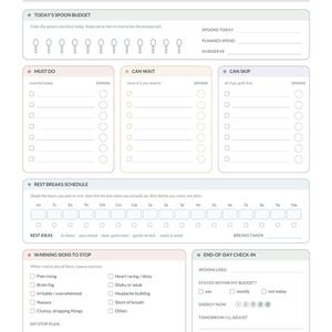 Op de afbeelding: Een dagelijkse planner-sjabloon voor energie en pacing met secties voor een lepelbudget, taakprioritering, een rustpauzeschema, waarschuwingssignalen om te stoppen en een check-in aan het einde van de dag.