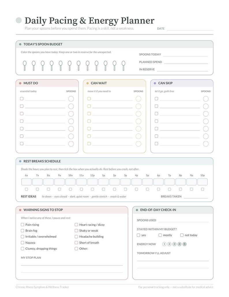 Op de afbeelding: Een dagelijkse planner-sjabloon voor energie en pacing met secties voor een lepelbudget, taakprioritering, een rustpauzeschema, waarschuwingssignalen om te stoppen en een check-in aan het einde van de dag.