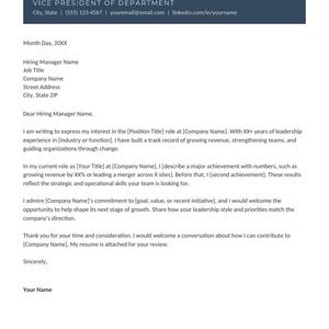 May include: A professional cover letter template featuring a dark blue header with placeholder text for a name, job title, and contact details. The body includes sections for date, recipient information, a formal salutation, and structured paragraphs.