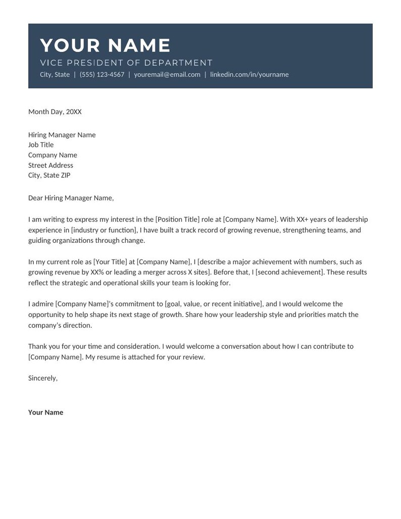 May include: A professional cover letter template featuring a dark blue header with placeholder text for a name, job title, and contact details. The body includes sections for date, recipient information, a formal salutation, and structured paragraphs.