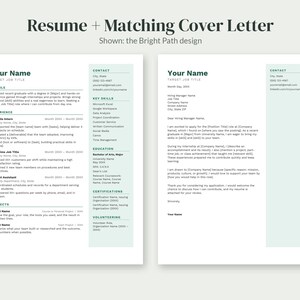 May include: A resume and matching cover letter template titled Resume + Matching Cover Letter, shown in the Bright Path design. The document features a two-column layout with a light green sidebar, dark text, and placeholders for contact info.