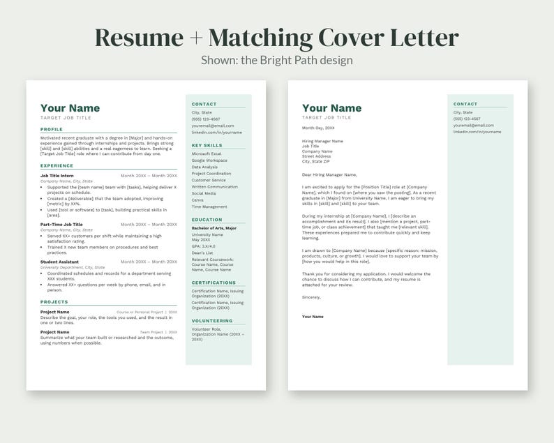 May include: A resume and matching cover letter template titled Resume + Matching Cover Letter, shown in the Bright Path design. The document features a two-column layout with a light green sidebar, dark text, and placeholders for contact info.