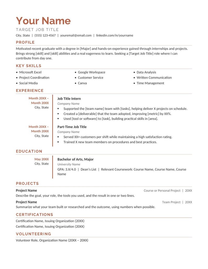 May include: A professional resume template featuring sections for contact information, profile, key skills, experience, education, projects, certifications, and volunteering. The document uses a clean layout with brown headings and black text.