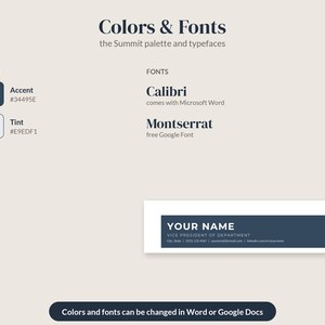 May include: A design guide titled Colors & Fonts featuring the Summit palette. It lists Calibri and Montserrat fonts, displays color swatches for Accent #34495E and Tint #E9EDF1, and shows a dark blue business card template with placeholder text.