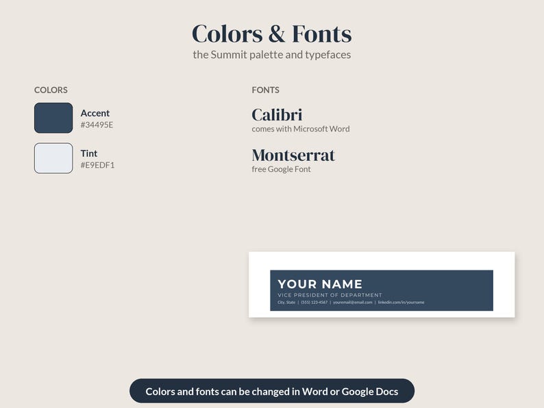 May include: A design guide titled Colors & Fonts featuring the Summit palette. It lists Calibri and Montserrat fonts, displays color swatches for Accent #34495E and Tint #E9EDF1, and shows a dark blue business card template with placeholder text.