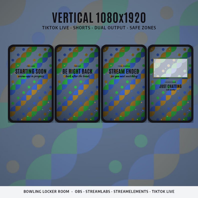 May include: A digital graphic template for vertical 1080x1920 streaming displays featuring four panels labelled Starting Soon, Be Right Back, Stream Ended, and Just Chatting. The background has a blue, green, and orange geometric pattern.
