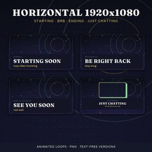 May include: A digital graphic set featuring four dark blue rectangular overlays with grid patterns and circular lines. Text includes STARTING SOON, BE RIGHT BACK, SEE YOU SOON, and JUST CHATTING, accompanied by smaller sub-text phrases.