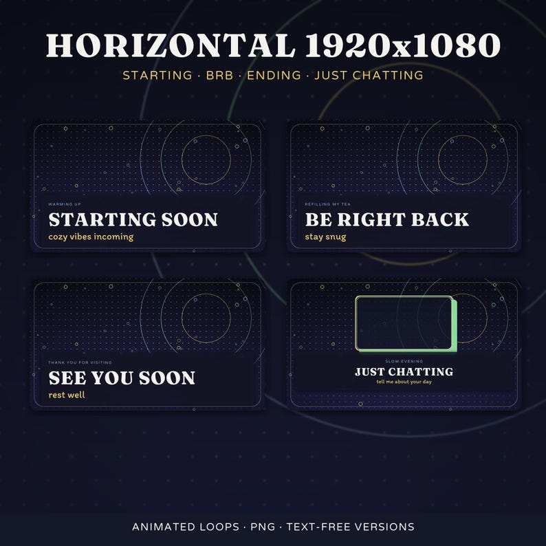 May include: A digital graphic set featuring four dark blue rectangular overlays with grid patterns and circular lines. Text includes STARTING SOON, BE RIGHT BACK, SEE YOU SOON, and JUST CHATTING, accompanied by smaller sub-text phrases.