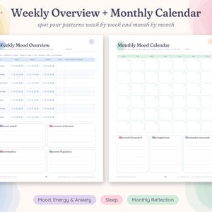 May include: A two-page printable planner set featuring a Weekly Mood Overview and a Monthly Mood Calendar. The layout includes sections for tracking daily mood, energy, anxiety, and sleep, with space for weekly and monthly reflections.