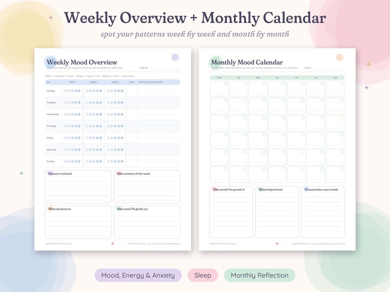 May include: A two-page printable planner set featuring a Weekly Mood Overview and a Monthly Mood Calendar. The layout includes sections for tracking daily mood, energy, anxiety, and sleep, with space for weekly and monthly reflections.
