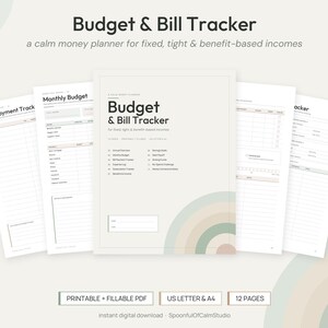 May include: A printable Budget & Bill Tracker planner with 12 pages in US Letter and A4 sizes. The cover features the text Budget & Bill Tracker, a list of sections, and a pastel rainbow graphic. Includes monthly budget and bill payment pages.