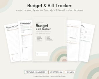 Op de afbeelding: Een printbare Budget & Bill Tracker planner met 12 pagina's in US Letter en A4 formaten. De omslag bevat de tekst Budget & Bill Tracker, een lijst met secties en een pastelkleurige regenboogafbeelding. Inclusief maandelijkse budgetpagina's.