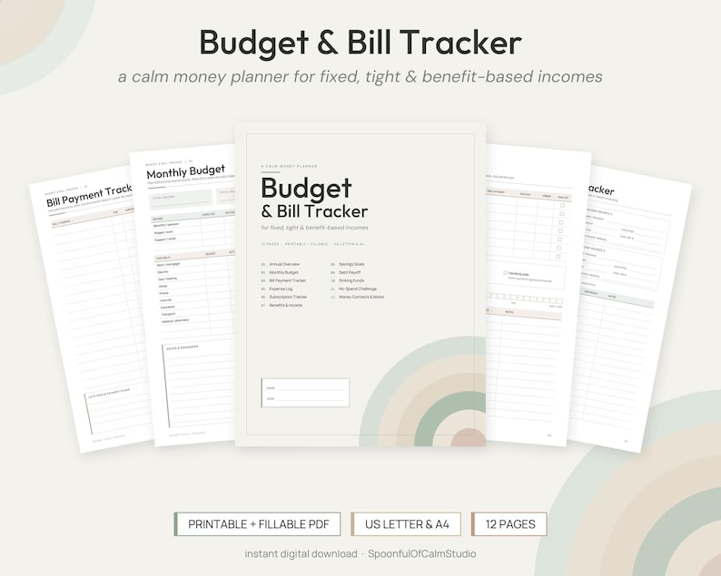 May include: A printable Budget & Bill Tracker planner with 12 pages in US Letter and A4 sizes. The cover features the text Budget & Bill Tracker, a list of sections, and a pastel rainbow graphic. Includes monthly budget and bill payment pages.
