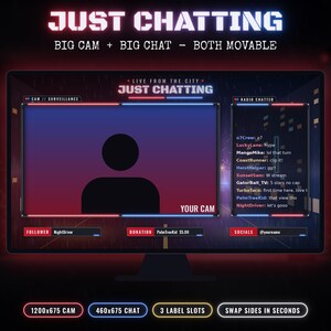 May include: A digital streaming overlay template featuring a large camera frame and a chat box on a dark background. Text includes JUST CHATTING, BIG CAM + BIG CHAT - BOTH MOVABLE, LIVE FROM THE CITY, YOUR CAM, FOLLOWER, DONATION, and SOCIALS.