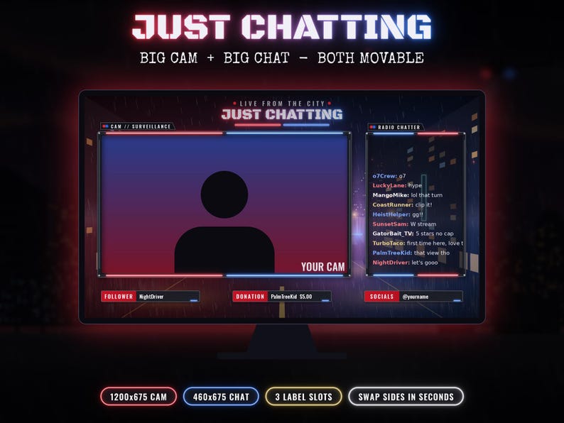 May include: A digital streaming overlay template featuring a large camera frame and a chat box on a dark background. Text includes JUST CHATTING, BIG CAM + BIG CHAT - BOTH MOVABLE, LIVE FROM THE CITY, YOUR CAM, FOLLOWER, DONATION, and SOCIALS.