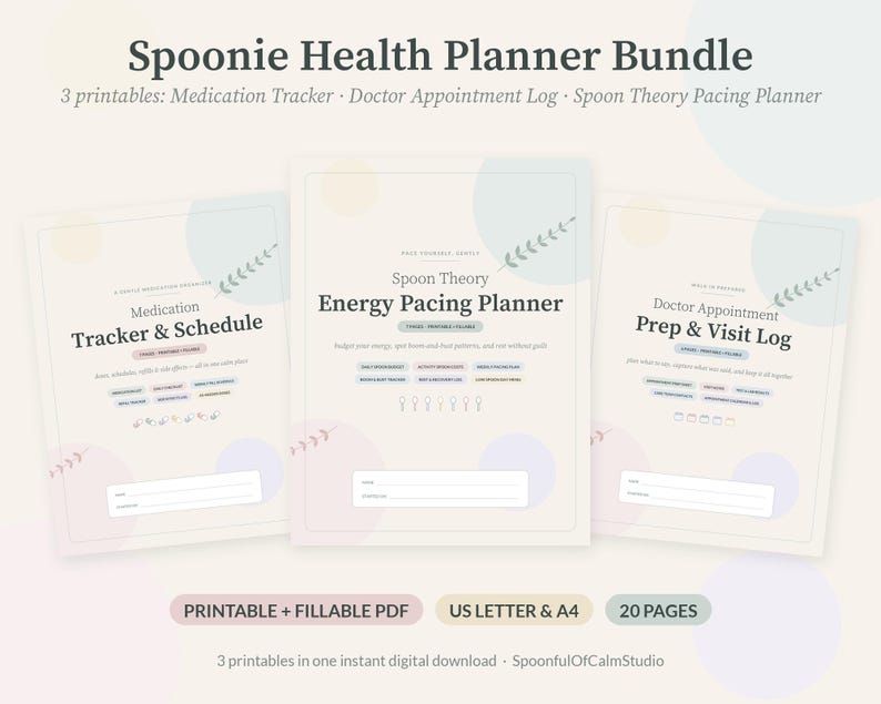 May include: A Spoonie Health Planner Bundle featuring three printable documents: Medication Tracker & Schedule, Spoon Theory Energy Pacing Planner, and Doctor Appointment Prep & Visit Log. The pages have soft pastel accents and include fillable fields.