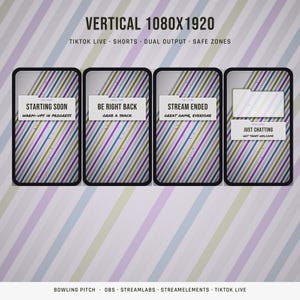 May include: A digital graphic set for vertical 1080x1920 streaming displays featuring diagonal stripes in muted colors. Four panels show text: STARTING SOON, BE RIGHT BACK, STREAM ENDED, and JUST CHATTING, with subtext for each status update.