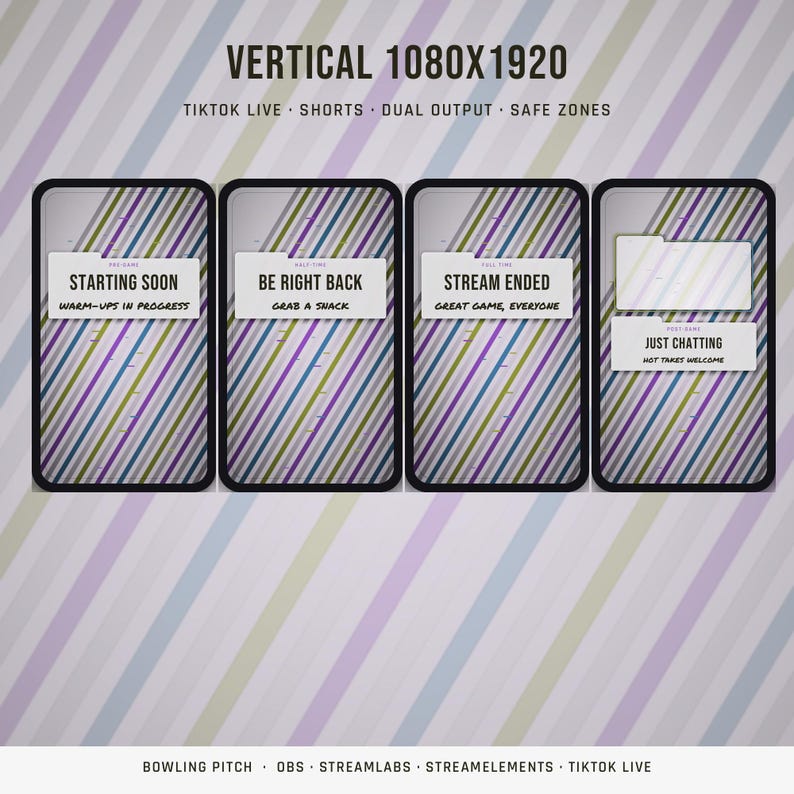 May include: A digital graphic set for vertical 1080x1920 streaming displays featuring diagonal stripes in muted colors. Four panels show text: STARTING SOON, BE RIGHT BACK, STREAM ENDED, and JUST CHATTING, with subtext for each status update.