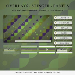 May include: A digital streaming overlay set featuring a green and purple geometric pattern. Includes a webcam frame, gameplay overlay, and six rectangular panels labeled About Me, Schedule, Tip Jar, Rules, Socials, and Discord with star icons.