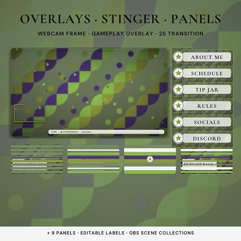 May include: A digital streaming overlay set featuring a green and purple geometric pattern. Includes a webcam frame, gameplay overlay, and six rectangular panels labeled About Me, Schedule, Tip Jar, Rules, Socials, and Discord with star icons.