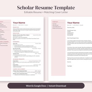 May include: A Scholar Resume Template featuring an editable resume and matching cover letter in a clean layout with a soft pink sidebar. The document includes sections for contact information, skills, honors, education, experience, and projects.