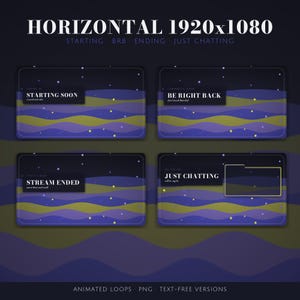 May include: A set of four digital stream overlays featuring a dark purple and olive green wavy background with scattered yellow dots. The text includes HORIZONTAL 1920x1080, STARTING SOON, BE RIGHT BACK, STREAM ENDED, and JUST CHATTING with subtext.