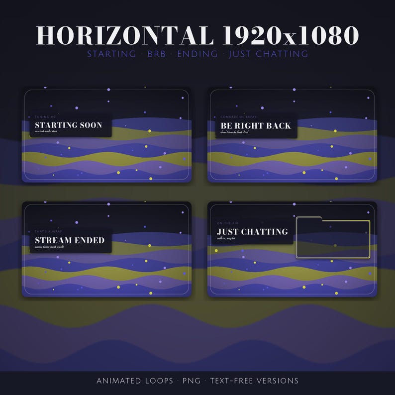 May include: A set of four digital stream overlays featuring a dark purple and olive green wavy background with scattered yellow dots. The text includes HORIZONTAL 1920x1080, STARTING SOON, BE RIGHT BACK, STREAM ENDED, and JUST CHATTING with subtext.