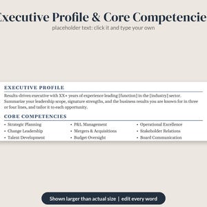 May include: A digital resume template featuring the heading Executive Profile & Core Competencies. The text includes sections for an executive profile and a list of core competencies such as Strategic Planning, P&L Management, and Operational Excellence.