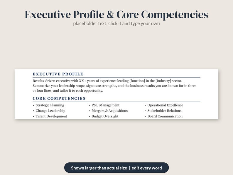 May include: A digital resume template featuring the heading Executive Profile & Core Competencies. The text includes sections for an executive profile and a list of core competencies such as Strategic Planning, P&L Management, and Operational Excellence.