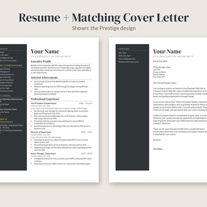 May include: A professional resume and matching cover letter template titled Prestige design. The documents feature a dark gray sidebar for contact details and core competencies, with white space for text, headings, and bulleted lists.