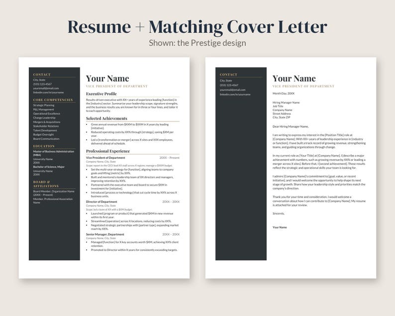 May include: A professional resume and matching cover letter template titled Prestige design. The documents feature a dark gray sidebar for contact details and core competencies, with white space for text, headings, and bulleted lists.