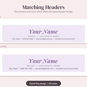 Op de afbeelding: Twee bijpassende documentkopteksten voor een cv en sollicitatiebrief met een lichtpaarse rechthoekige achtergrond. De tekst bevat 'Matching Headers', 'RESUME', 'COVER LETTER', 'Your Name', 'MAJOR | UNIVERSITY NAME' en contactgegevens.